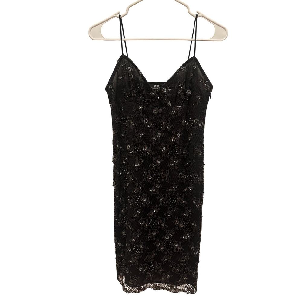 BCBG MAXAZRIA NWT Black Sequined Beaded Spaghetti Strap Cocktail Dress Sz 4